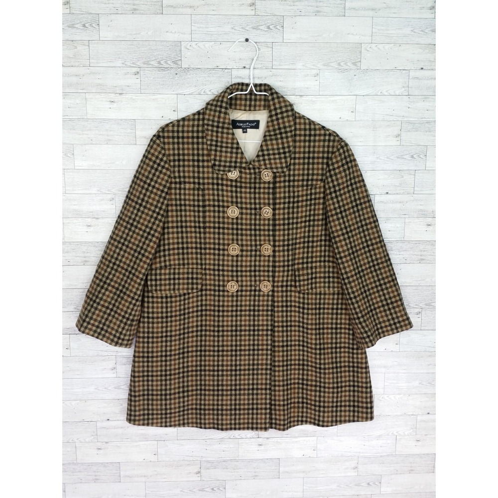 Women's Adele Fado Double Breasted Plaid Coat Jacket Top Size 46 Made in Italy
